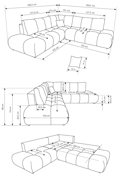 SOHI Narożnik pikowany z funkcją spania o zaokrąglonych kształtach - zdjęcie produktu